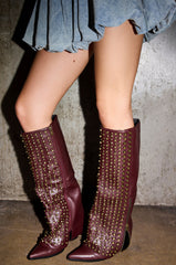 AZALEA WANG AGUSTUE BURGUNDY STUDDED WESTERN BOOT
