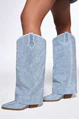 AZALEA WANG BANIAN DENIM WESTERN RHINESTONE BOOT