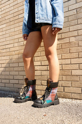 AZALEA WANG CALIBAN BLACK MULTI PLAID COMBAT BOOTIE