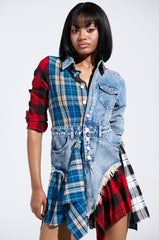 PATCHWORK PLAID DENIM MINI DRESS