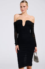 RENEE RUCHED OFF THE SHOULDER MIDI DRESS