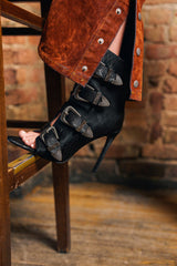 AZALEA WANG TJEERD BLACK WESTERN BUCKLE OPEN TOE BOOTIE