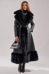 VIVAN LONG PU TRENCH WITH FAUX FUR TRIM