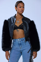 SO GOOD IT HURTS FUR SLEEVE BOMBER IN BLACK
