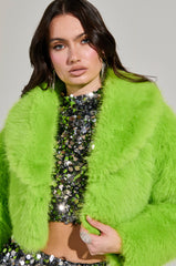 LIGHTS OUT CROPPED FAUX FUR JACKET IN LIME