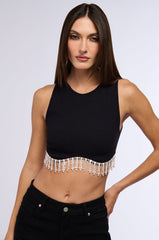 MAKE YOU BELIEVE IT RHINESTONE FRINGE TANK IN BLACK