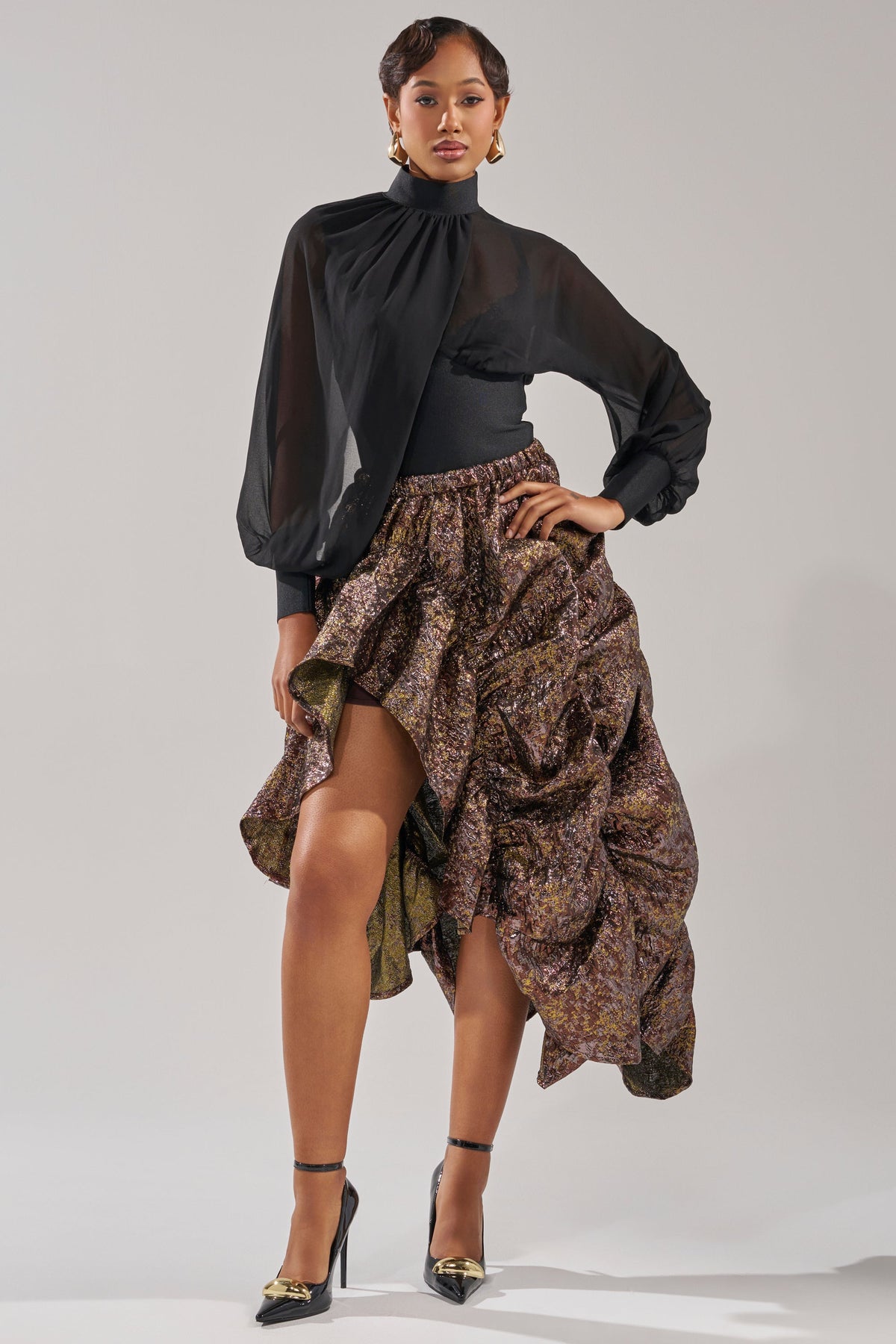 CRAZY FOR YOU BROCADE RUCHED MIDI SKIRT