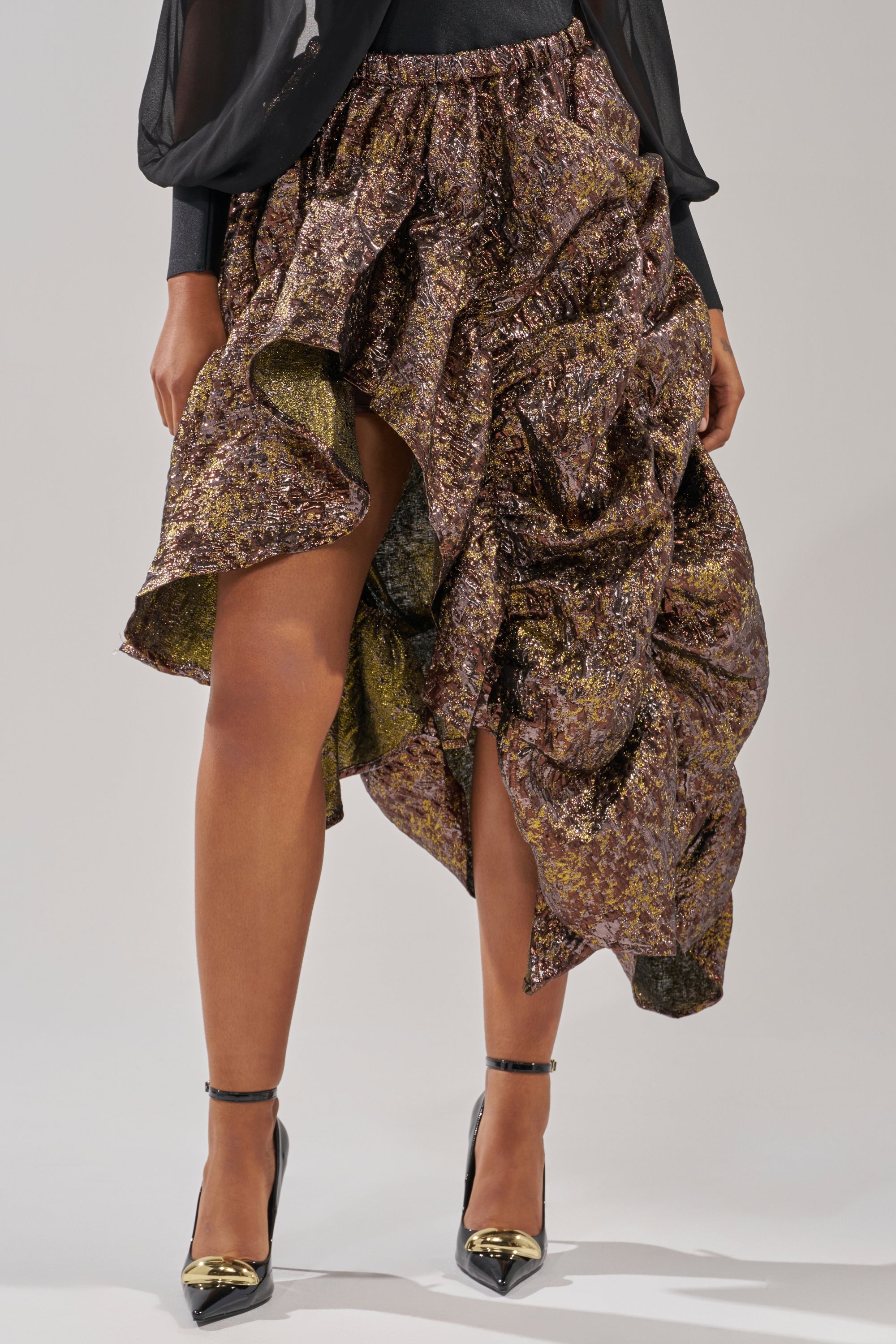 CRAZY FOR YOU BROCADE RUCHED MIDI SKIRT