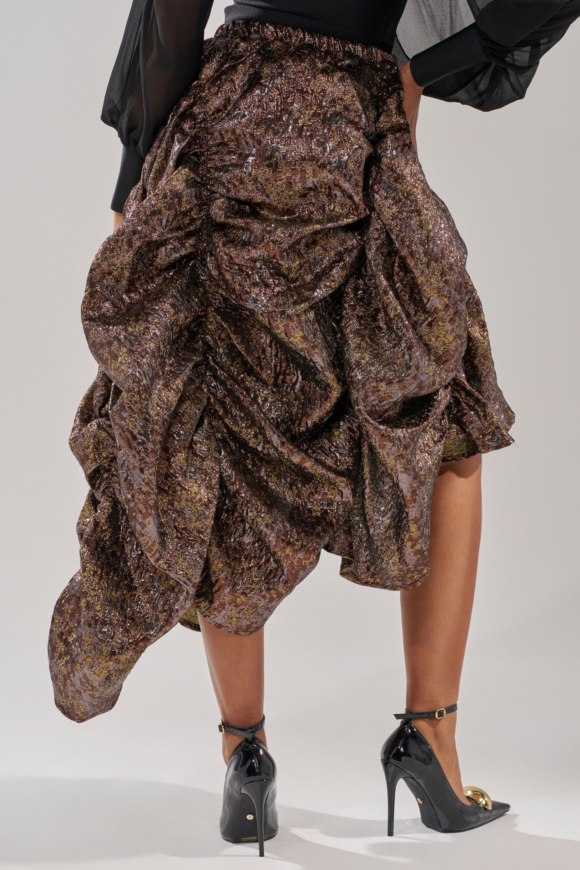 CRAZY FOR YOU BROCADE RUCHED MIDI SKIRT