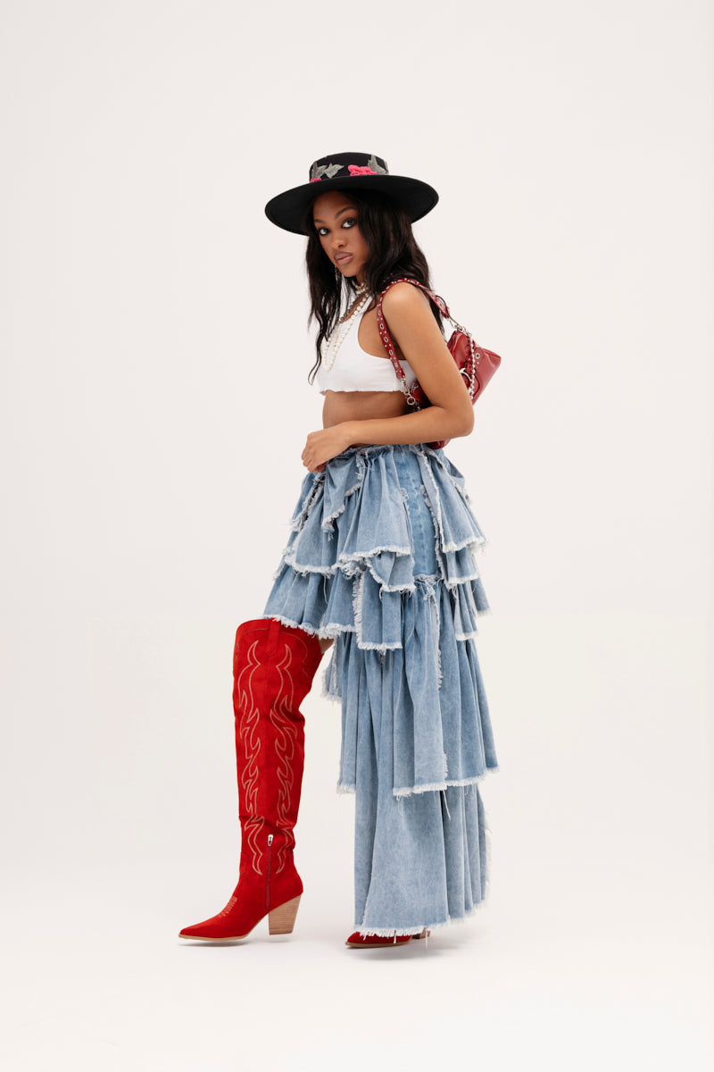 DISTRESSED TIERED ASYMMETRIC MIDI SKIRT