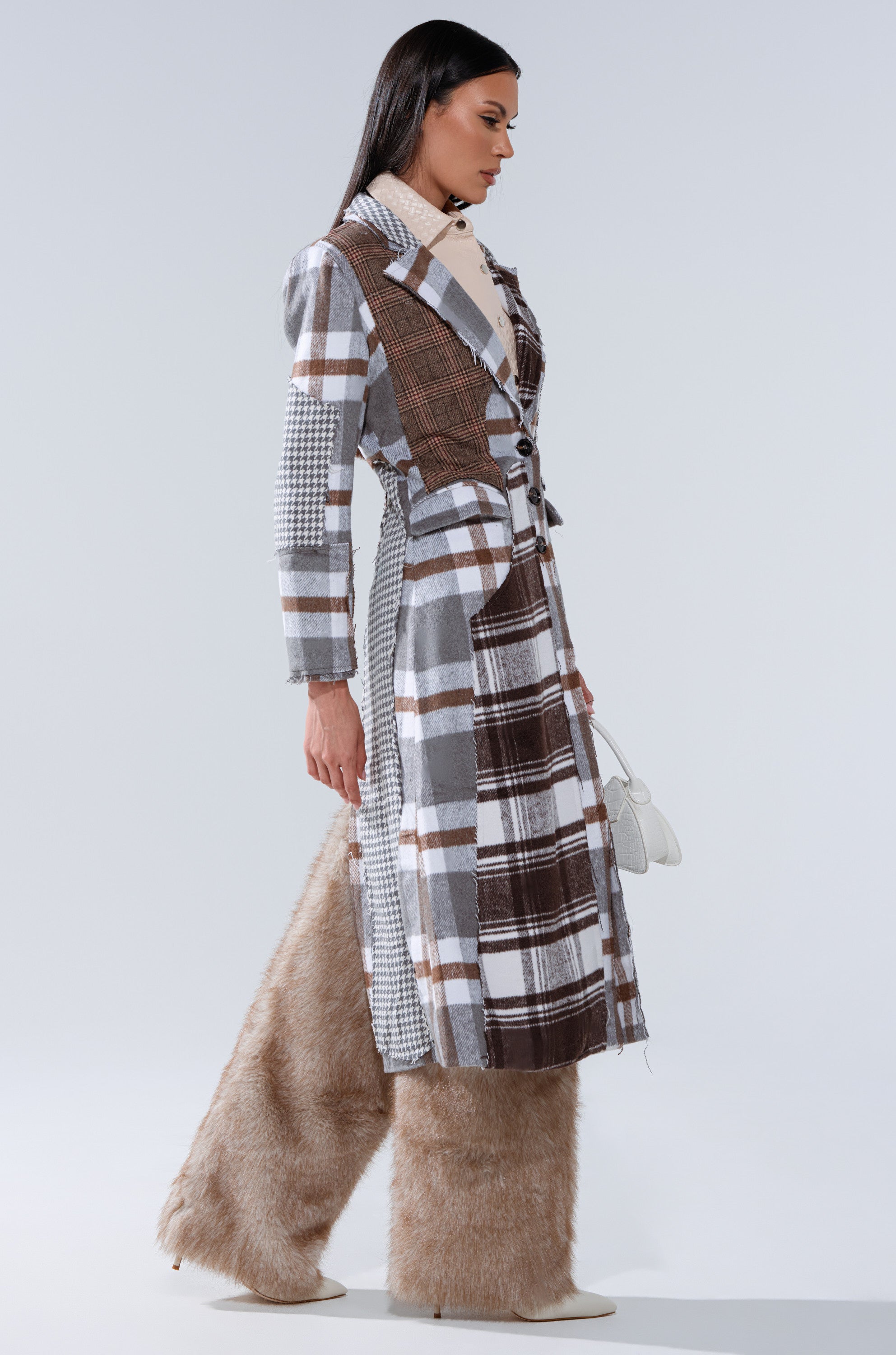 MIXED PLAID NOT FEELINGS PATCHWORK TRENCH