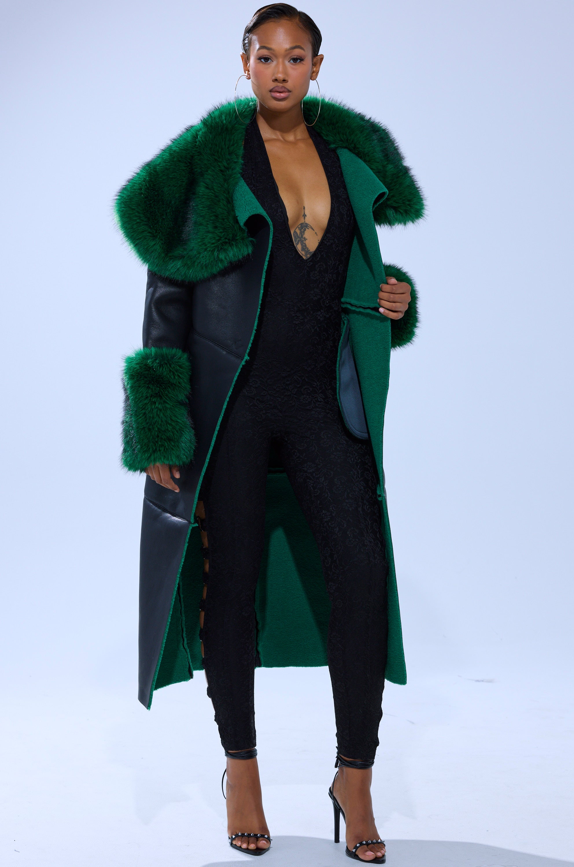 SEEING GREEN FUR TRIM TRENCH