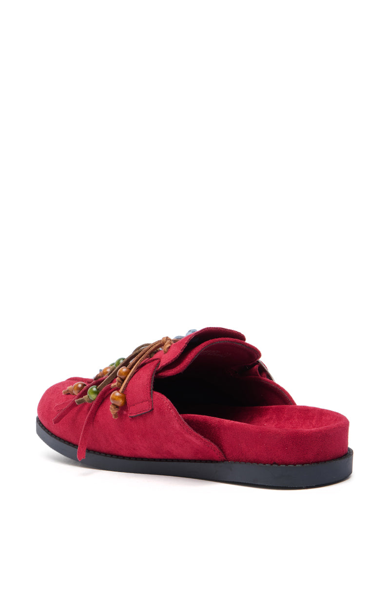 AZALEA WANG ABEILLE BURGUNDY FAUX SUEDE FRINGE CLOG