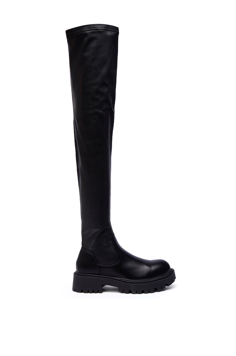 AZALEA WANG AJUNA BLACK FLAT THIGH HIGH STRETCH PU BOOT