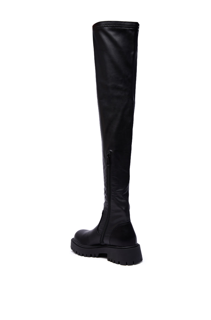 AZALEA WANG AJUNA BLACK FLAT THIGH HIGH STRETCH PU BOOT