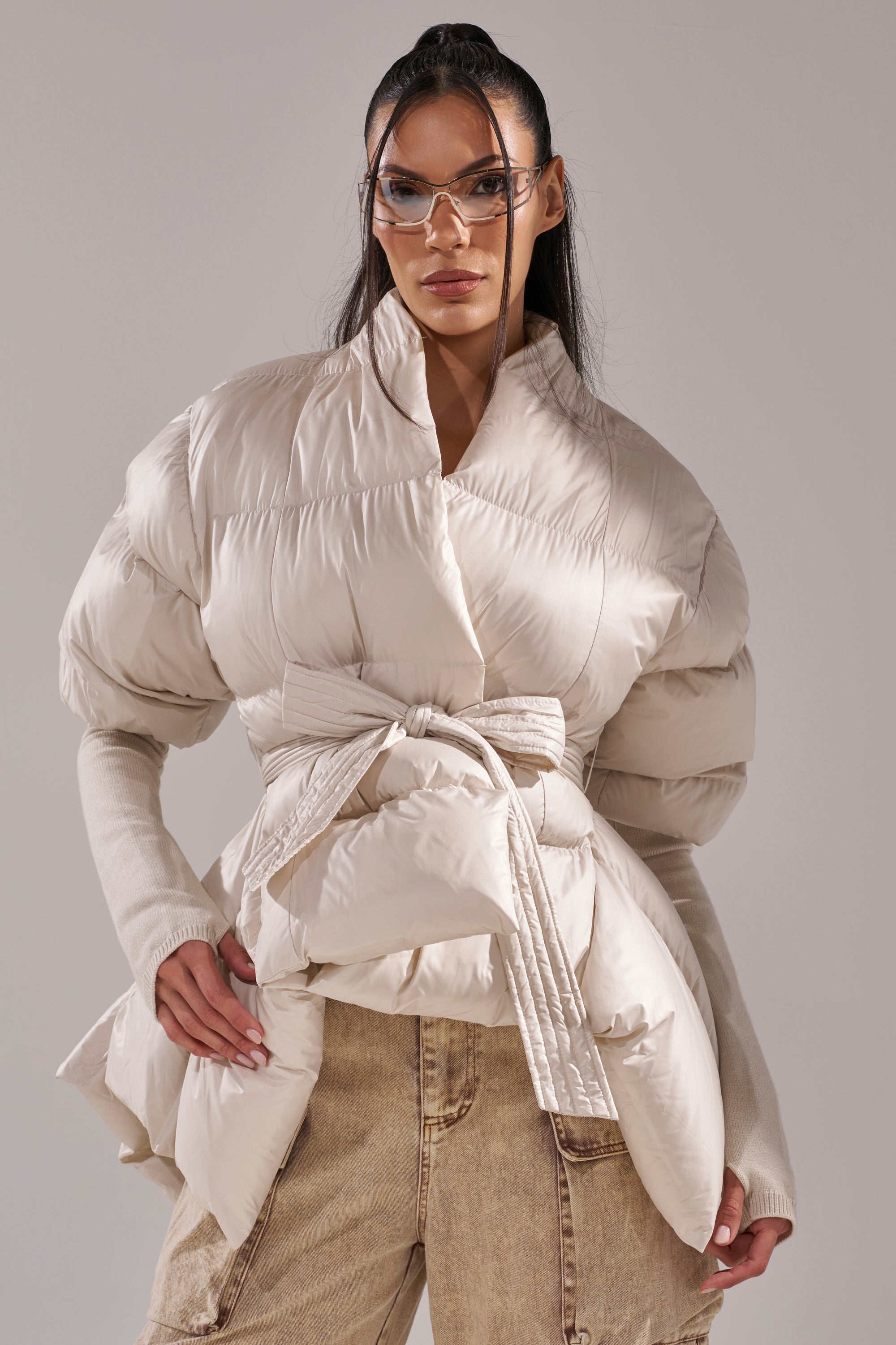 RIB SLEEVE PEPLUM PUFFER IN IVORY