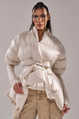 RIB SLEEVE PEPLUM PUFFER IN IVORY