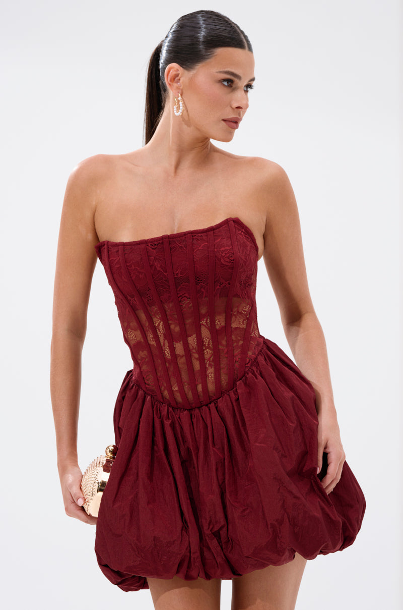 BELINA LACE MINI DRESS WITH BUBBLE SKIRT IN BURGUNDY