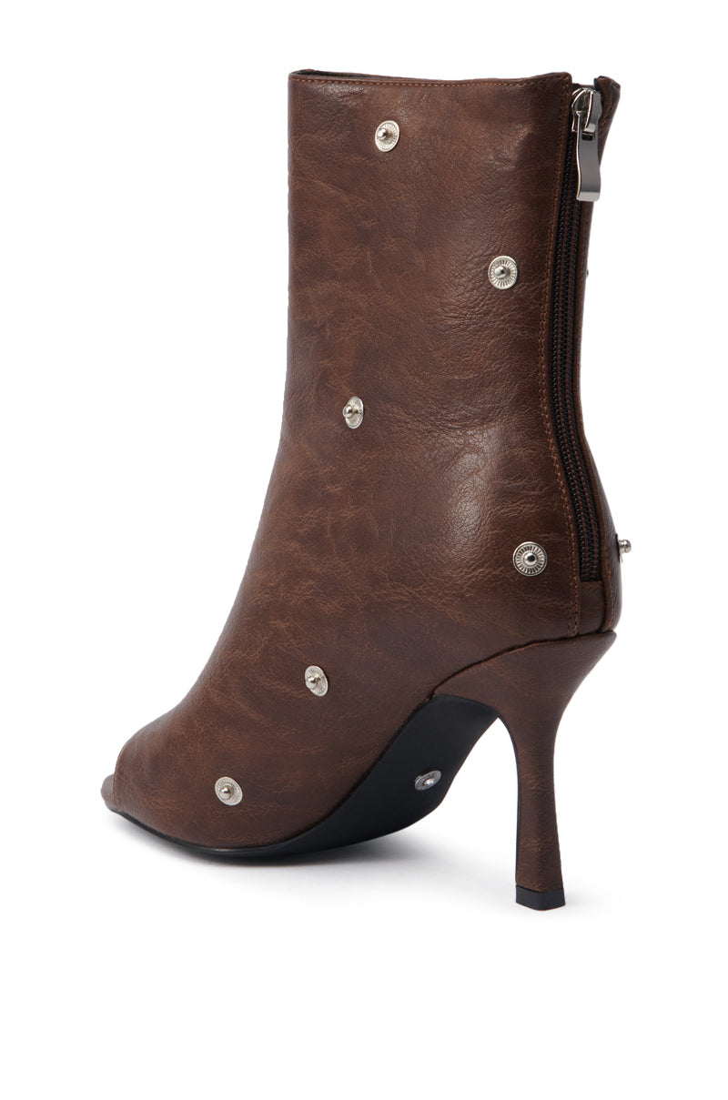 AZALEA WANG BIRD SONG BROWN SNAP DETAIL OPEN TOE BOOTIE
