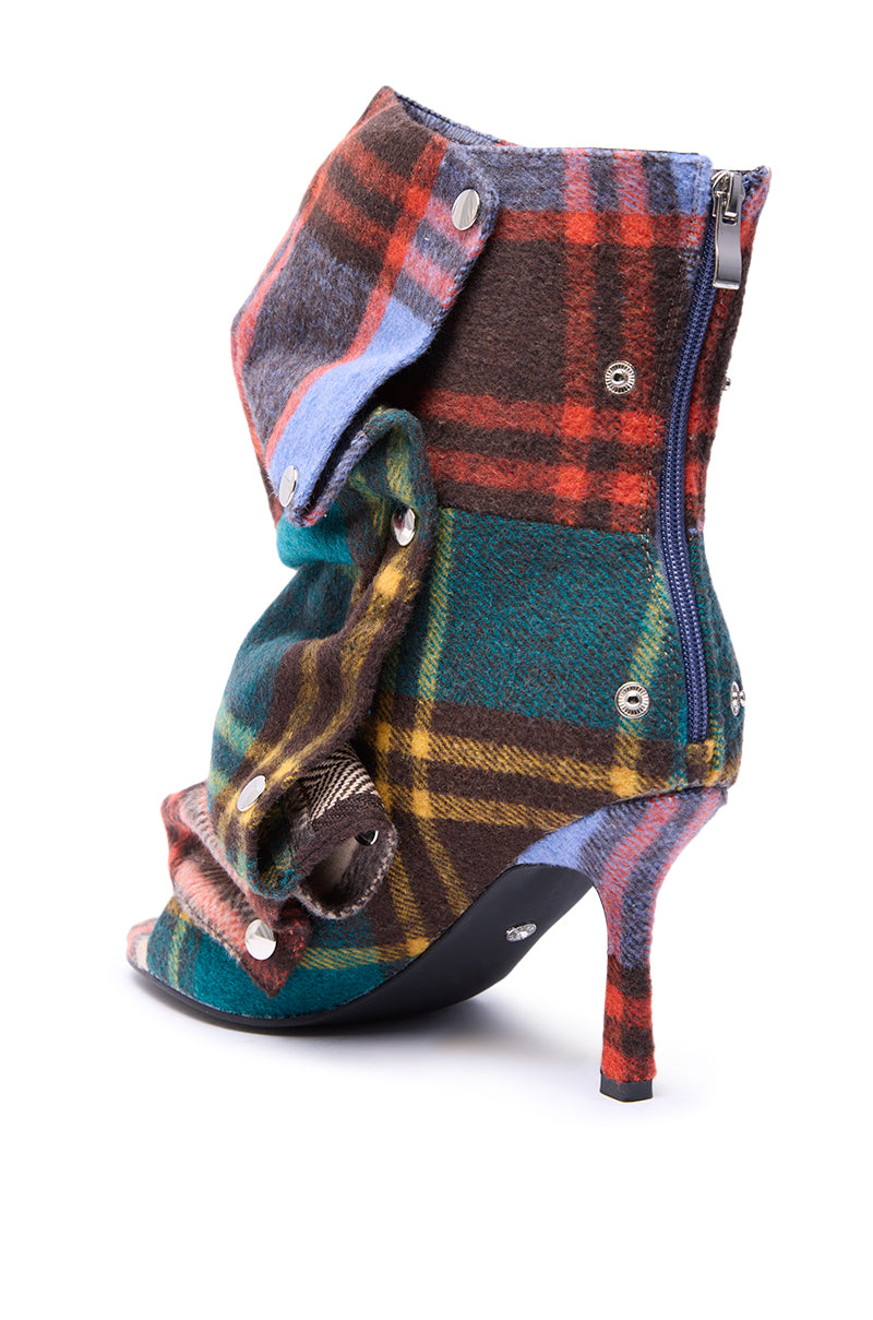 AZALEA WANG BIRD SONG PLAID MULTI OPEN TOE SNAP BOOTIE