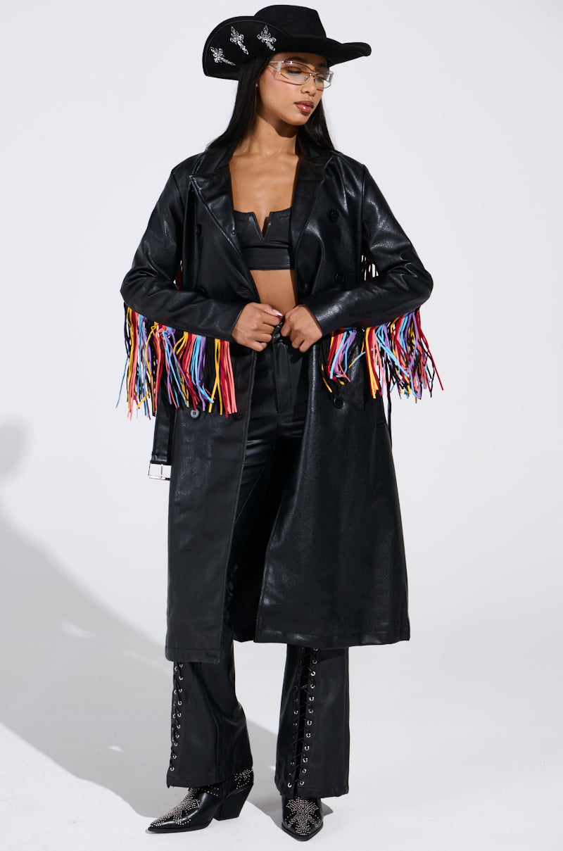 RYDER FRINGE TRENCH IN BLACK MULTI