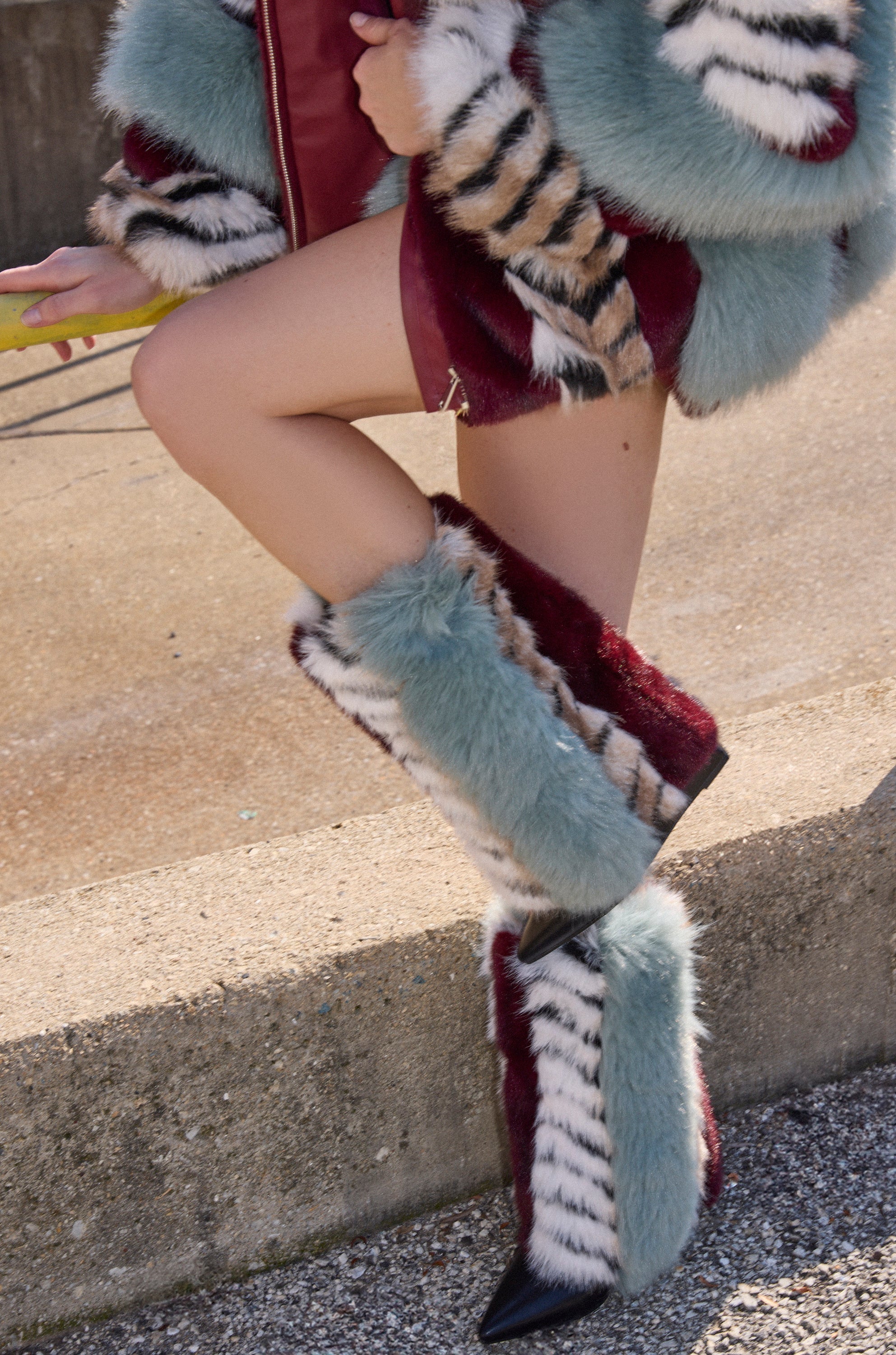 AZALEA WANG BRIASH BLUE MULTI FUR HIDDEN WEDGE BOOTIE