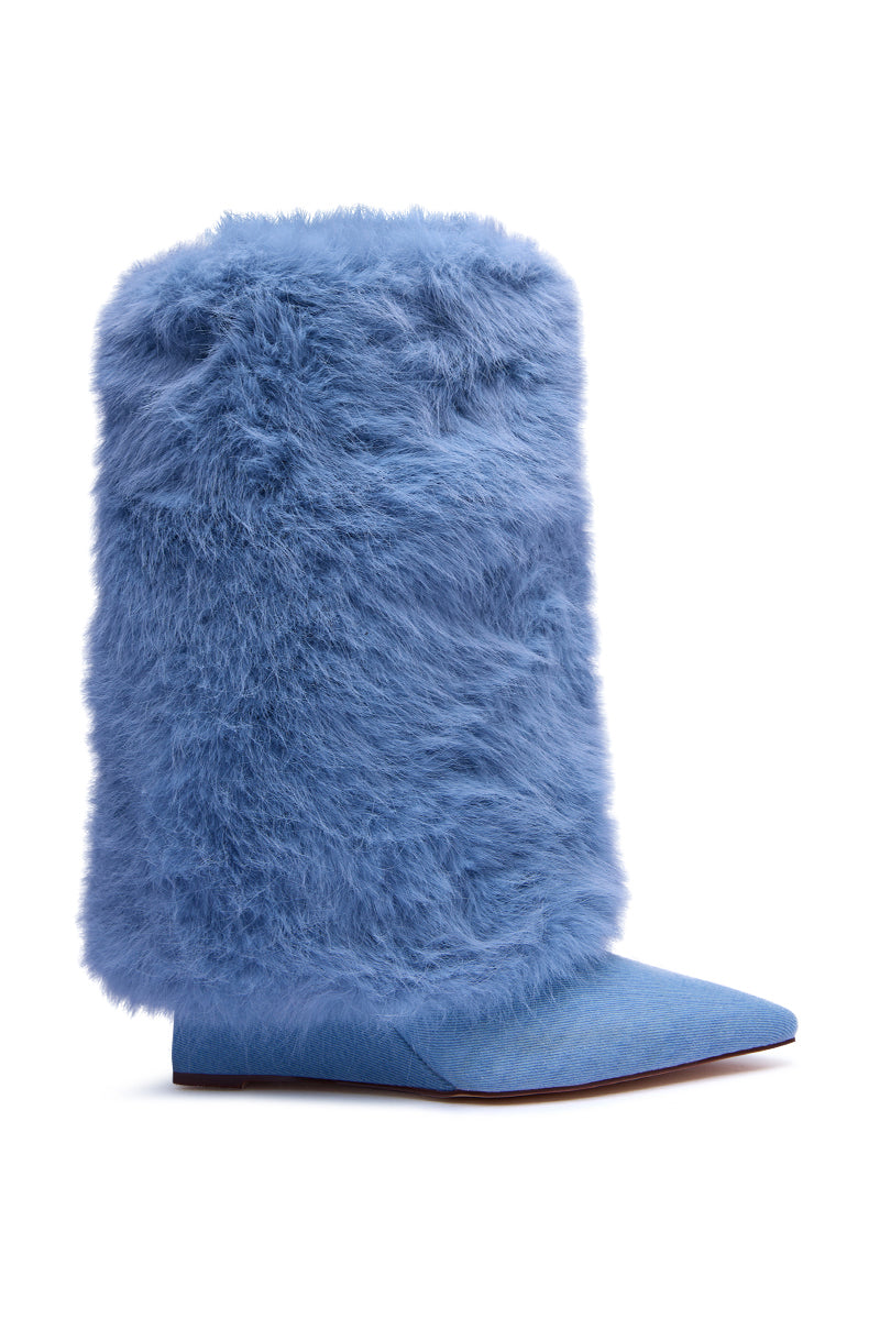 AZALEA WANG BRIASH DENIM FUR HIDDEN WEDGE BOOTIE
