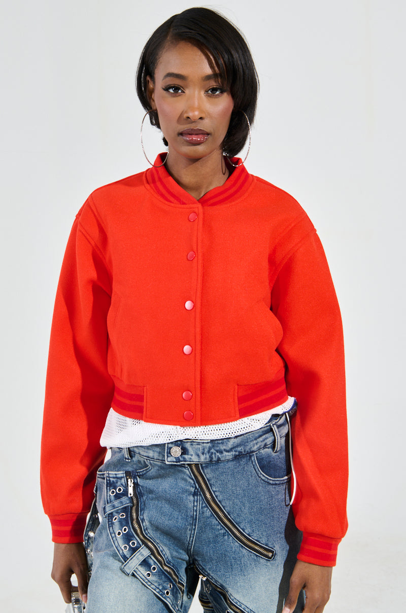 DAVIS EVERYDAY VARSITY BOMBER IN RED