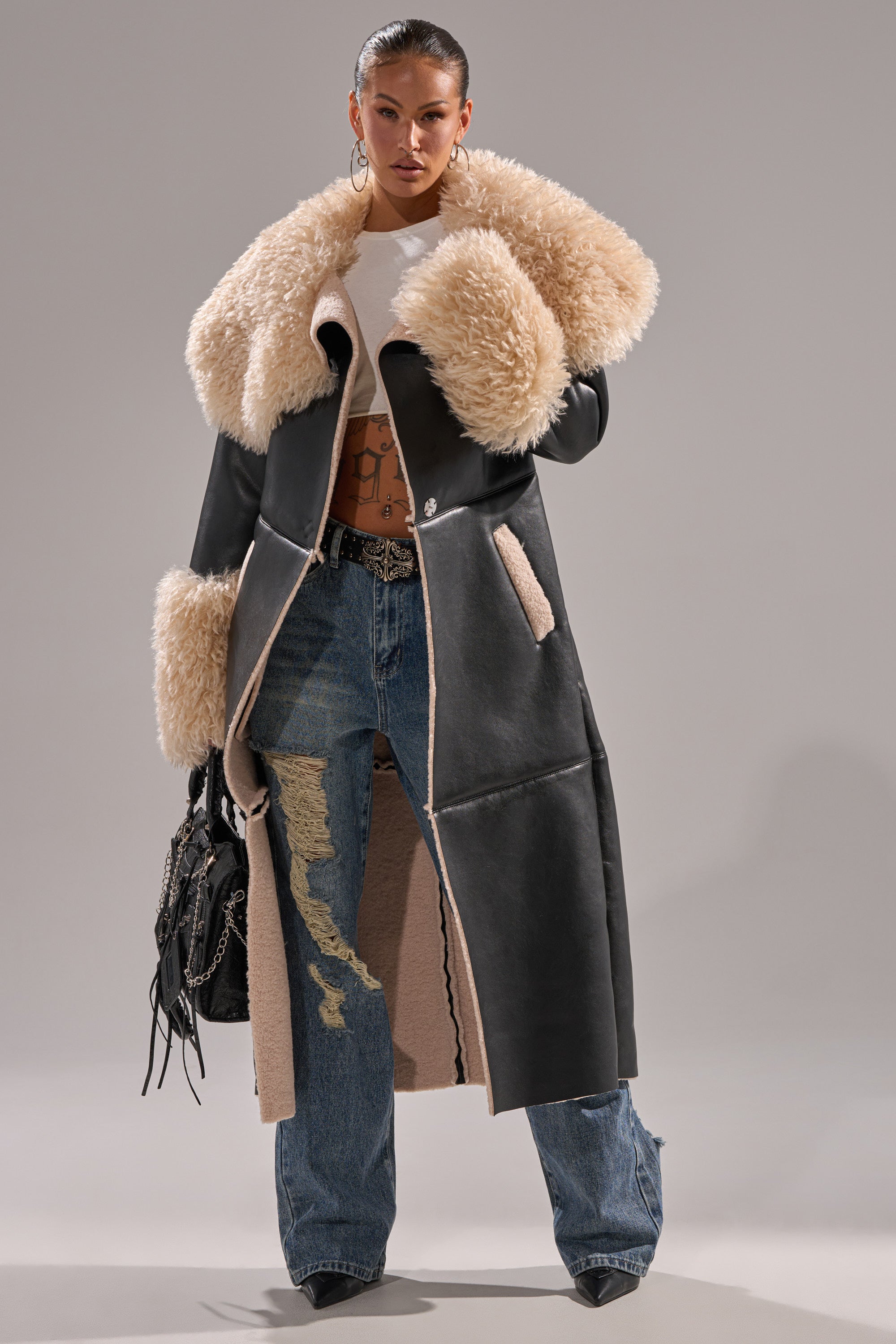 SHE GOT IT FLUFFY PU TRENCH WITH BONDED SHERPA