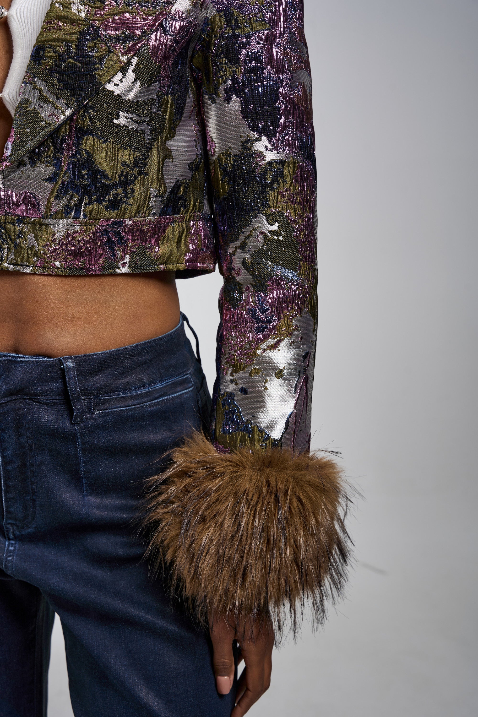 GISELE FUR TRIM MOTO IN BROCADE