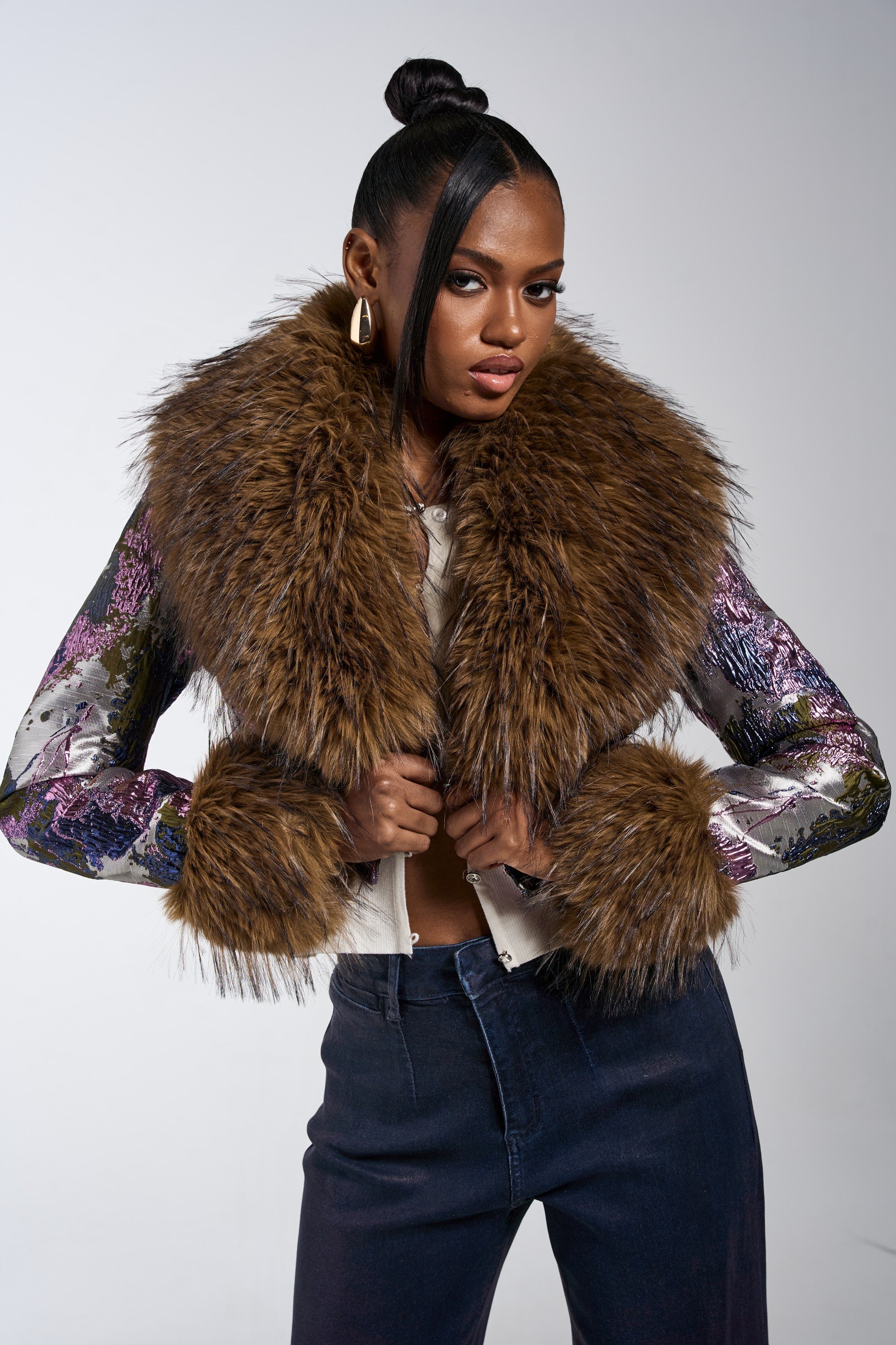 GISELE FUR TRIM MOTO IN BROCADE