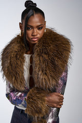 GISELE FUR TRIM MOTO IN BROCADE