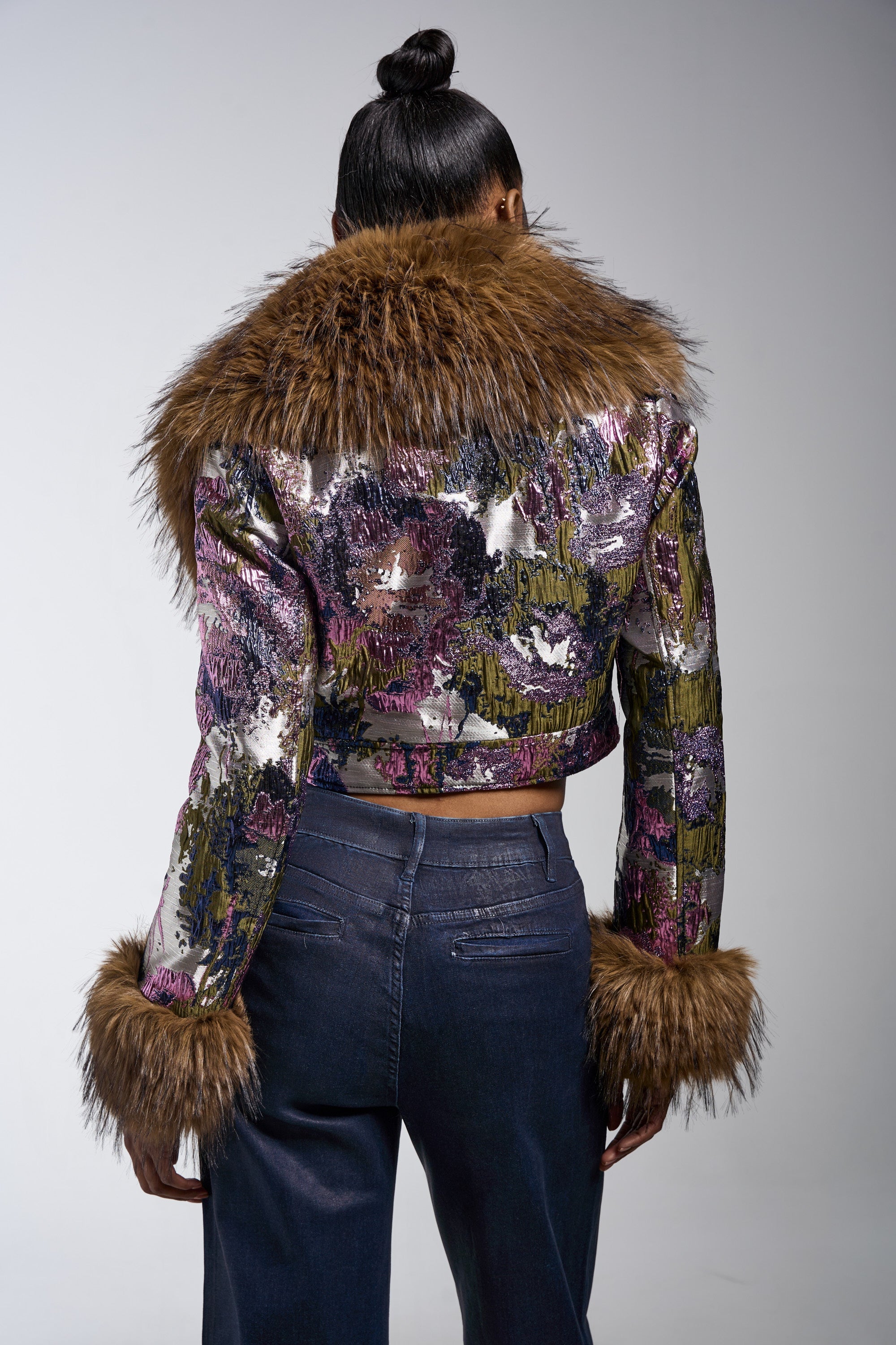 GISELE FUR TRIM MOTO IN BROCADE