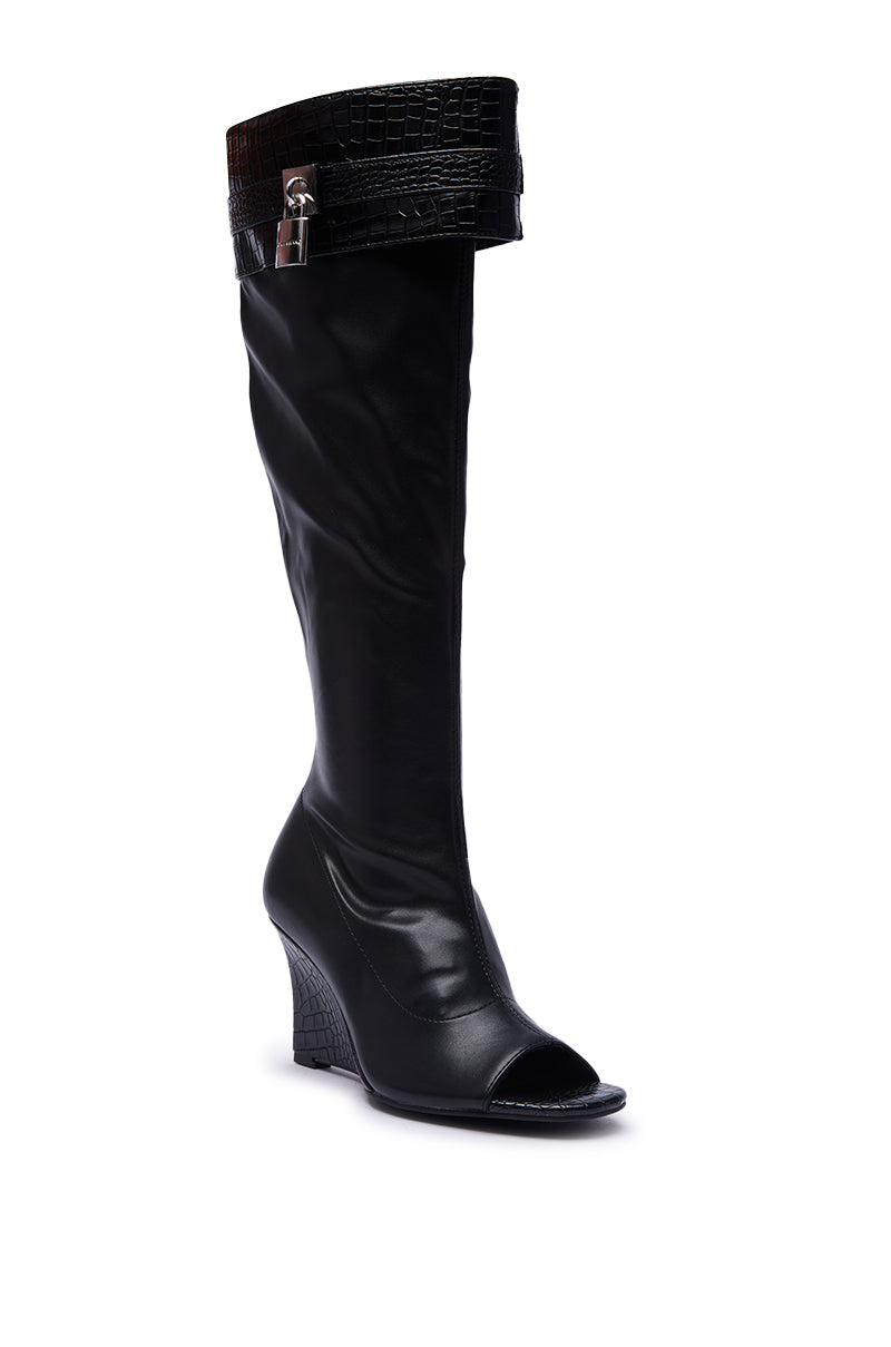 AZALEA WANG GLENNA BLACK STRETCH PU WEDGE BOOT