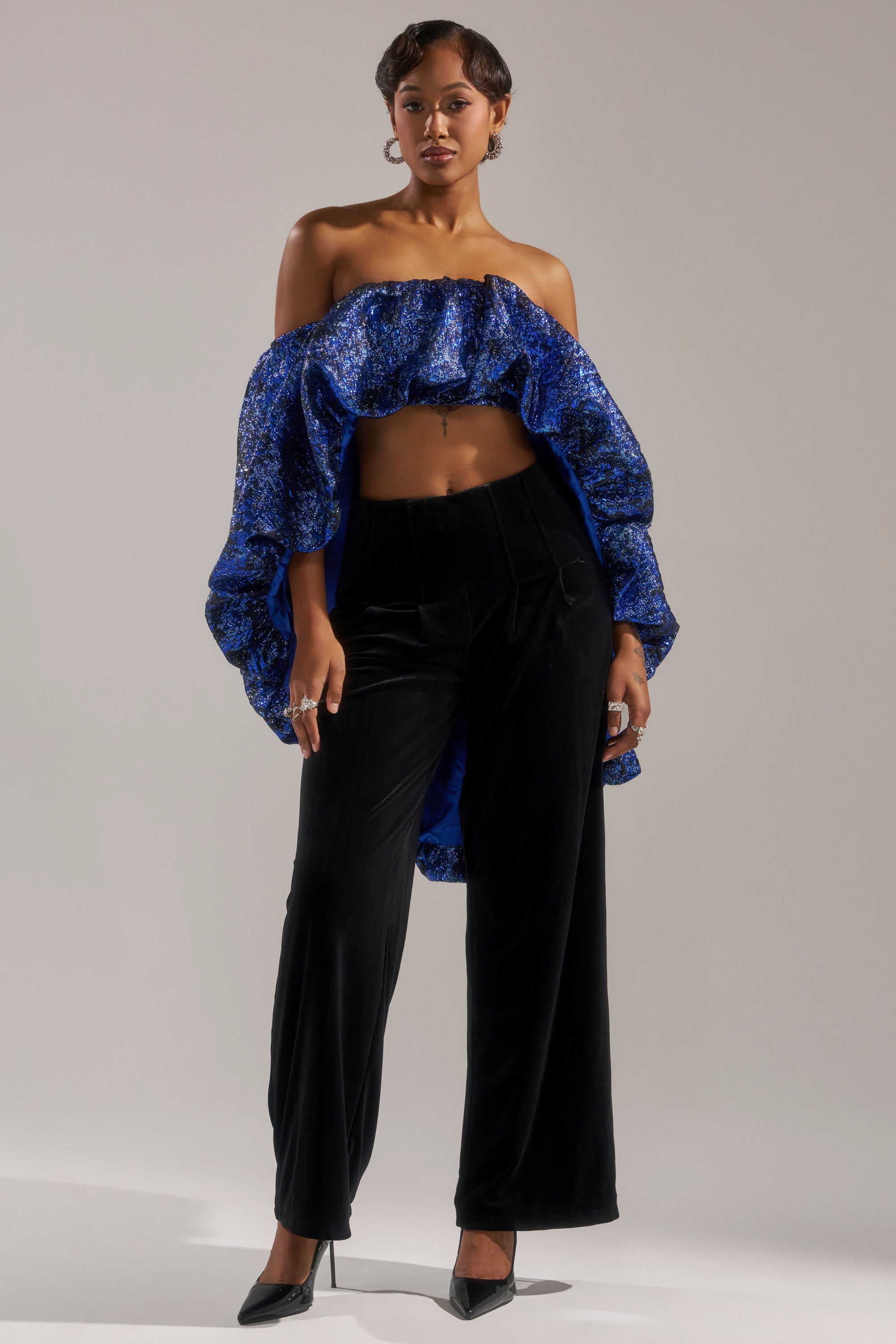 MELANI OFF THE SHOULDER HI-LOW BROCADE BLOUSE