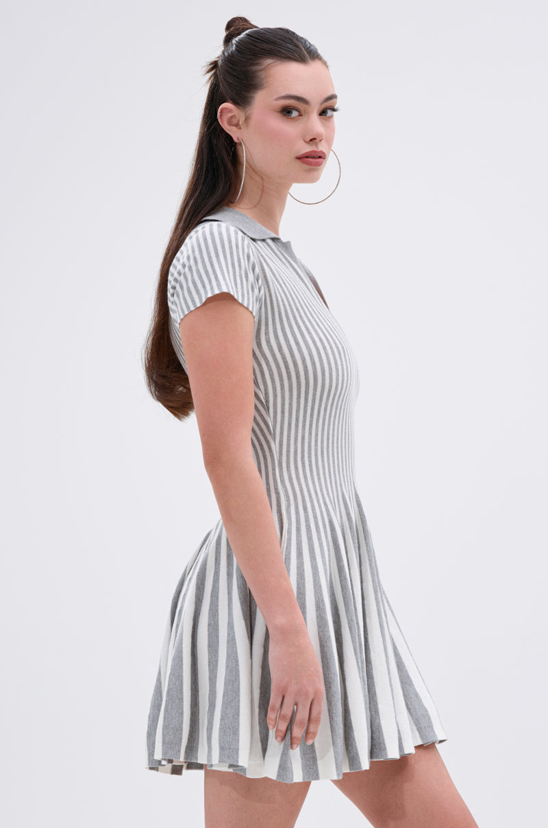 ALINA PLEATED KNIT FIT AND FLARE MINI DRESS