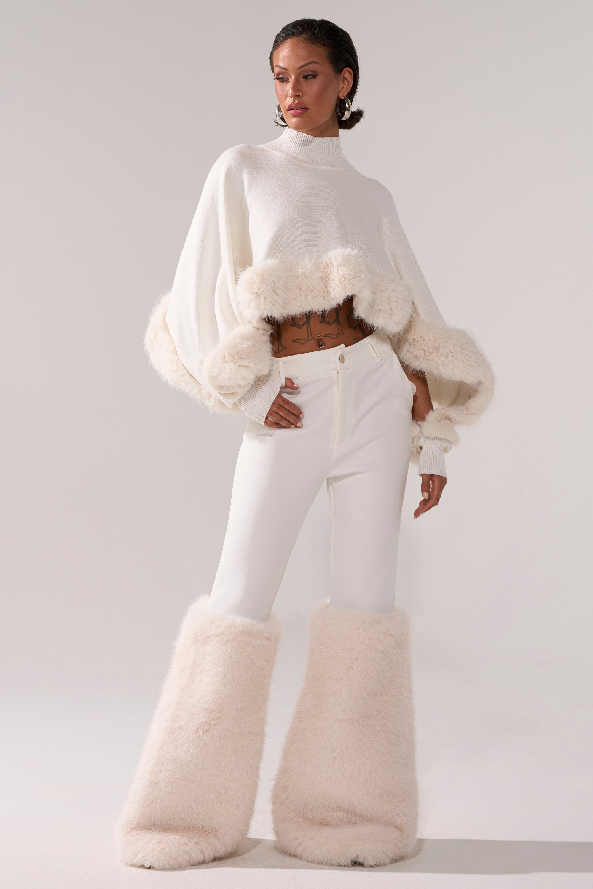 QUIET LUX FUR TRIM SWEATER IN WHITE