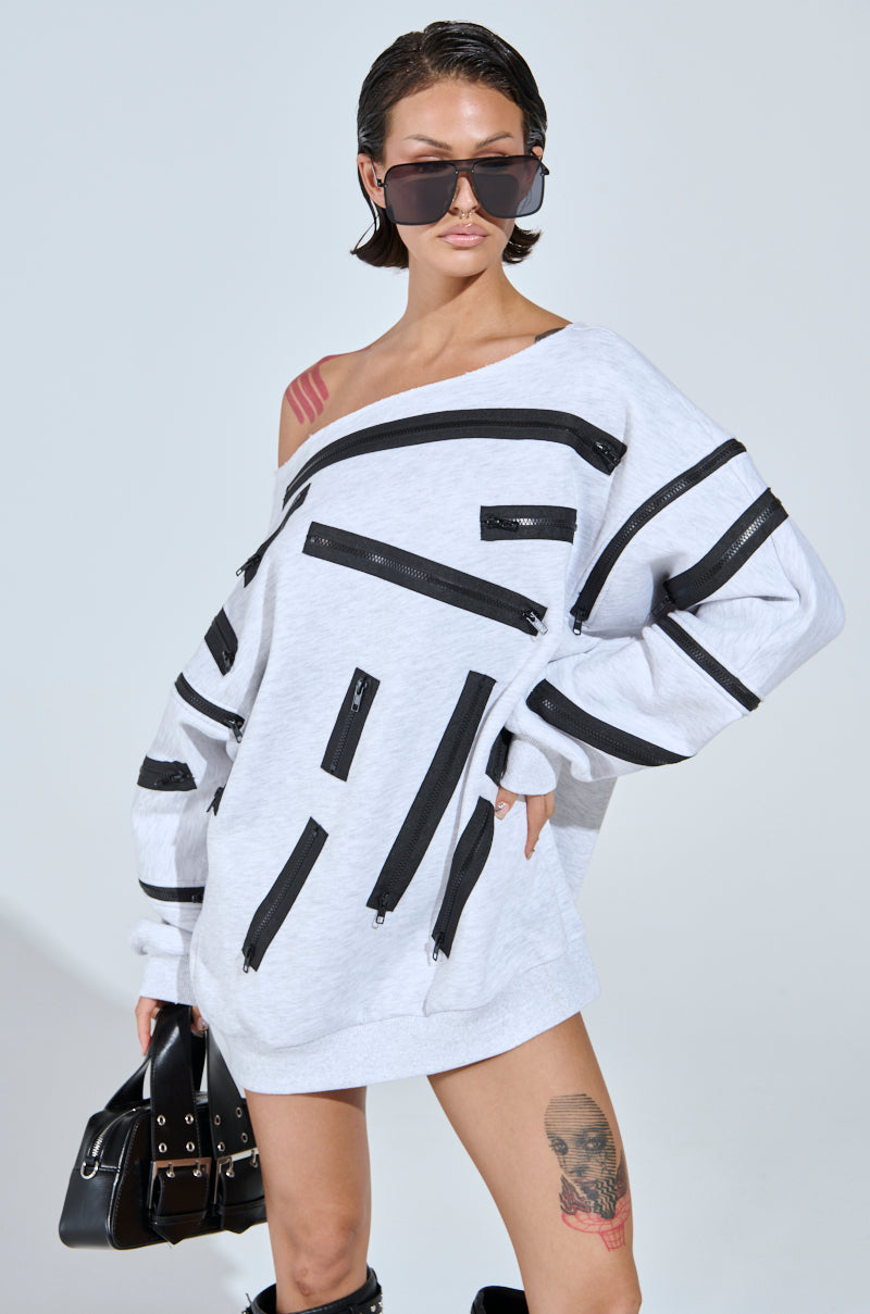 ZIP ZAP OFF THE SHOULDER SWEATSHIRT DRESS-GREY MULTI