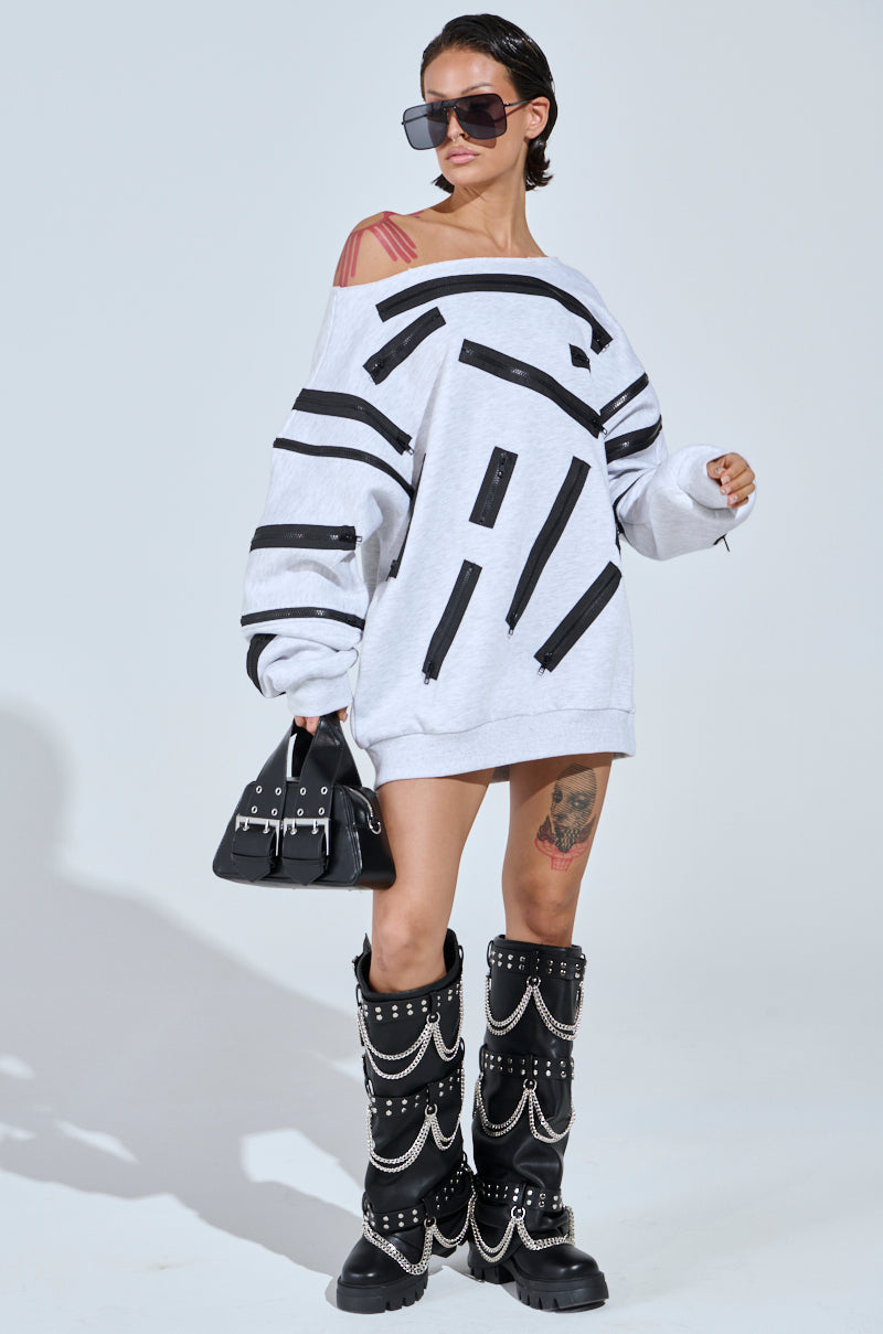 ZIP ZAP OFF THE SHOULDER SWEATSHIRT DRESS-GREY MULTI