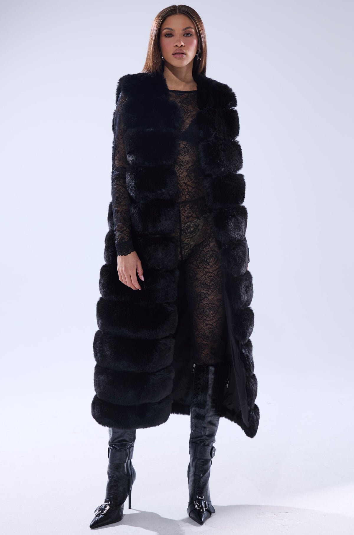 JENNY LIN FAUX FUR MAXI VEST IN BLACK