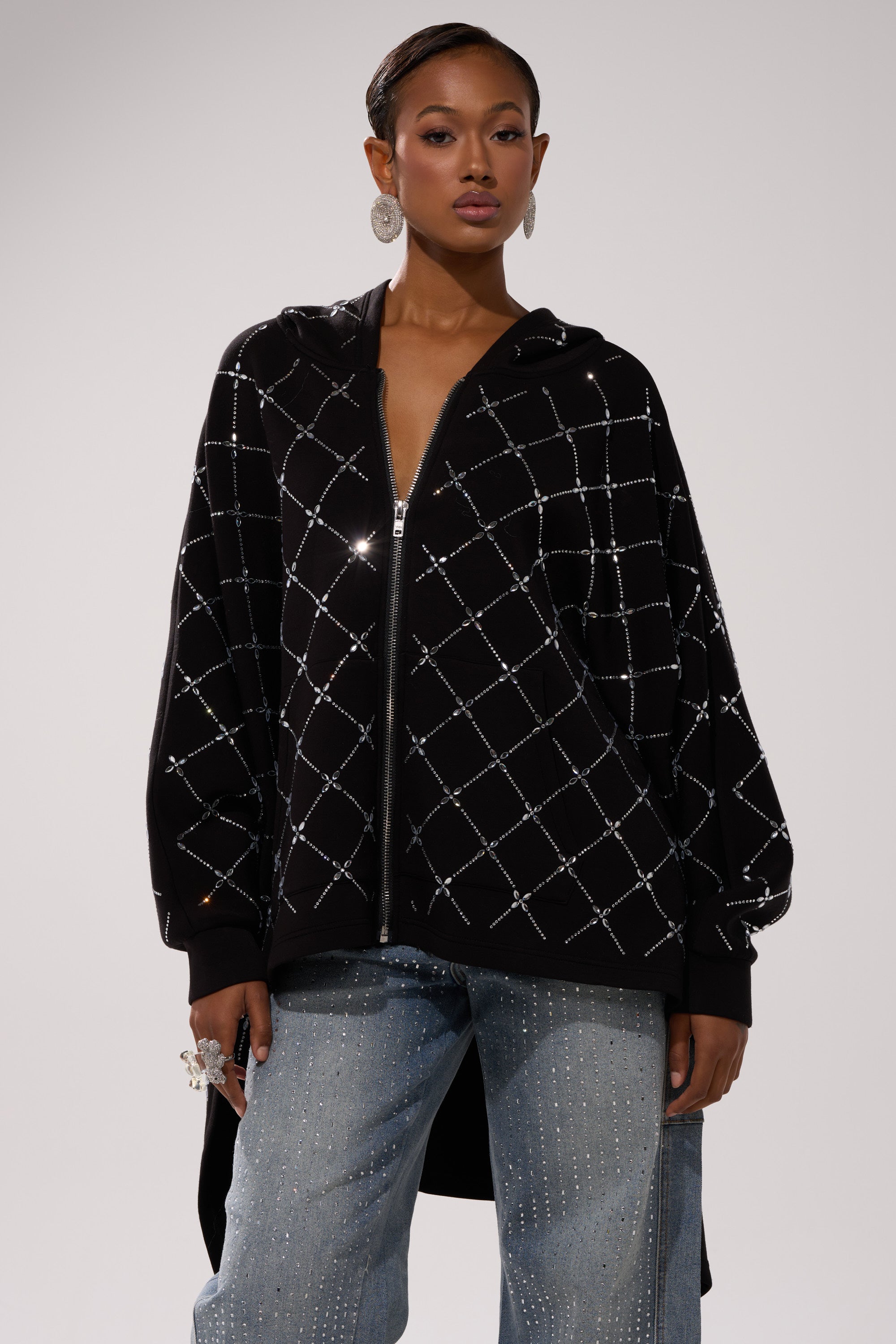 BLING BLING OVERSIZED ZIP UP SWEATSHIRT
