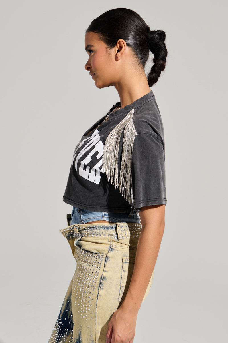 KISS IT SHORT SLEEVE RHINESTIONE FRINGE TEE