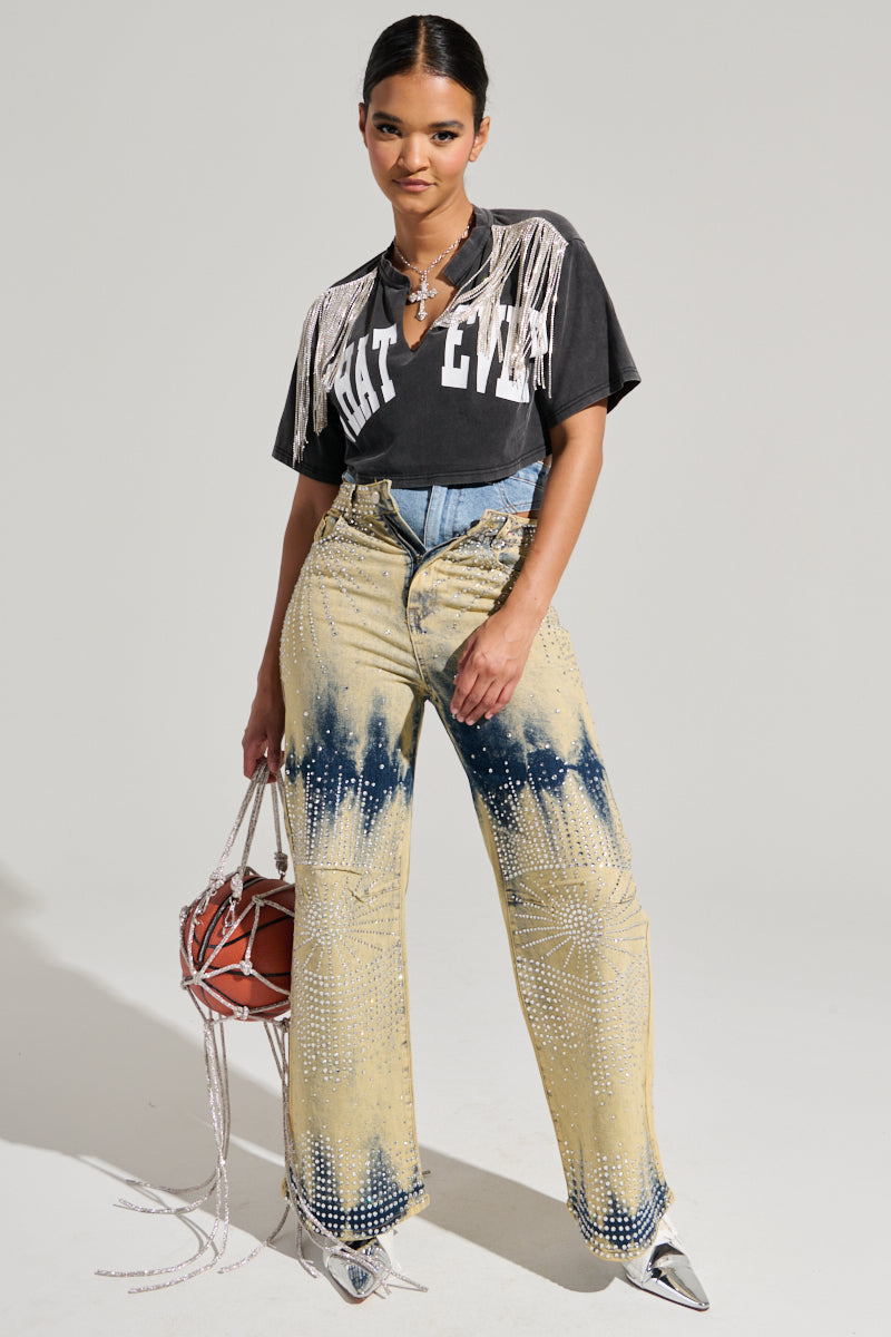 KISS IT SHORT SLEEVE RHINESTIONE FRINGE TEE