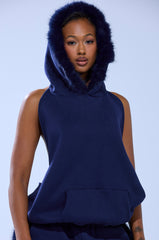 LUXE FUR OPEN BACK SWEATSHIRT IN NAVY