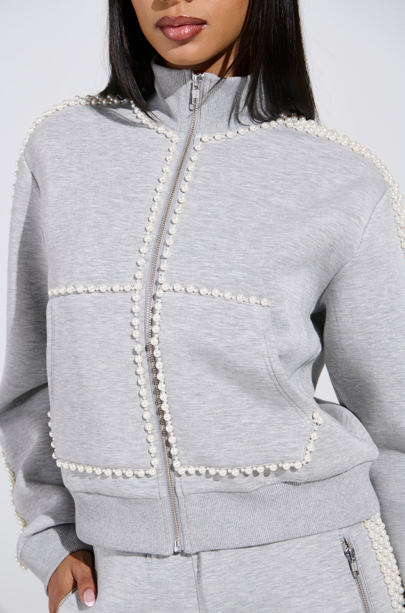 PEARL GIRL ZIP UP SWEATSHIRT IN GREY