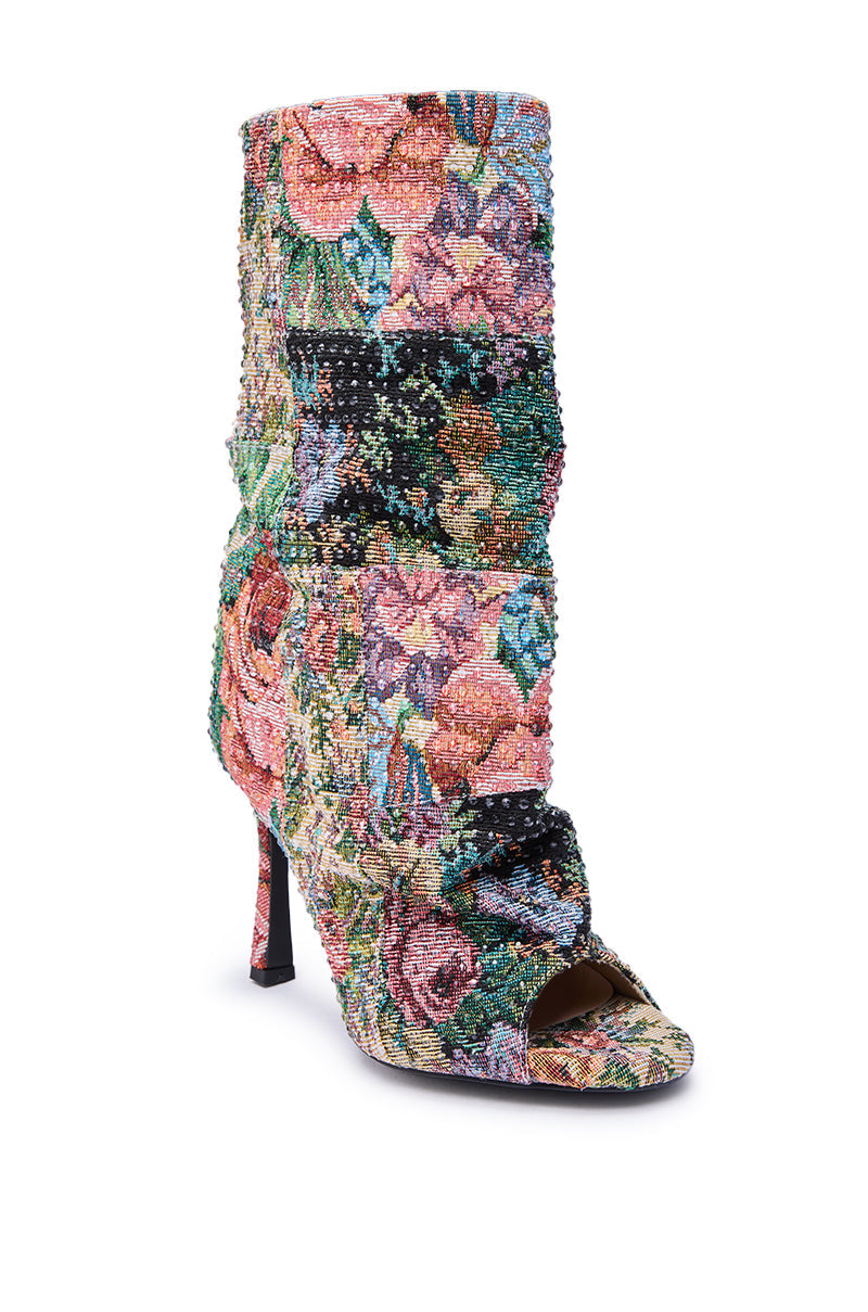 AZALEA WANG JONICE FLORAL RHINESTONE EMBELLISHED OPEN TOE BOOTIE