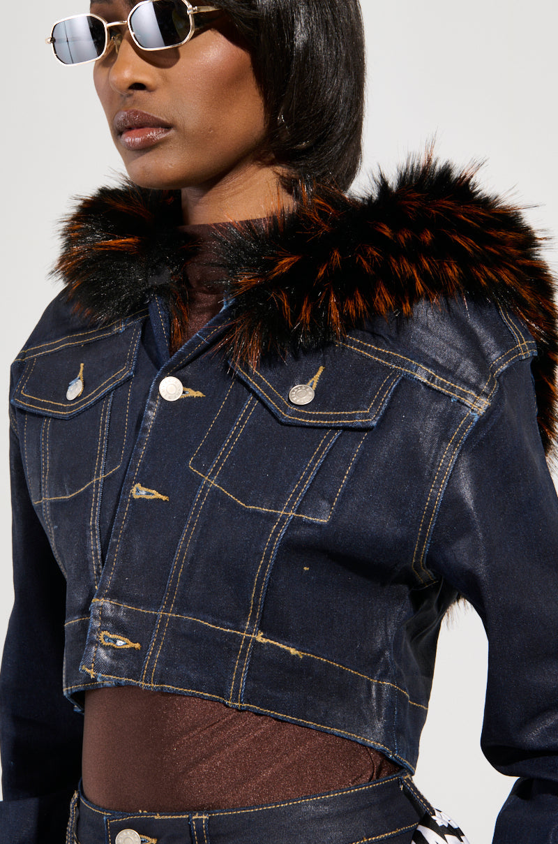 SITTING PRETTY FUR TRIM COATED DENIM JACKET