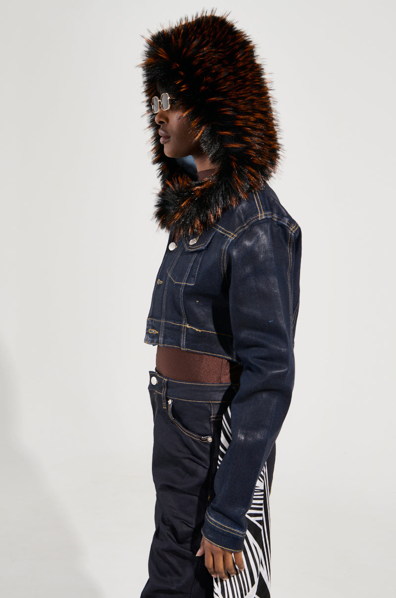 SITTING PRETTY FUR TRIM COATED DENIM JACKET