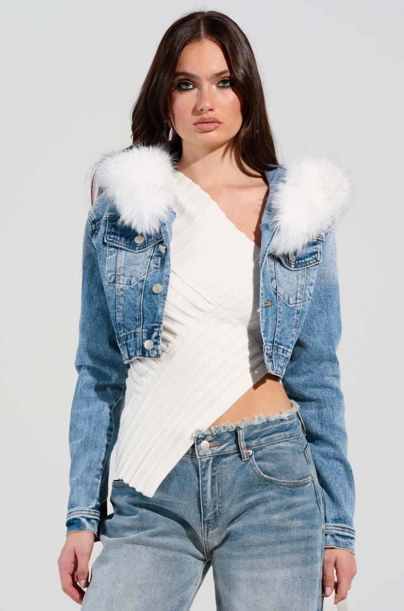 SITTING PRETTY FUR TRIM DENIM JACKET