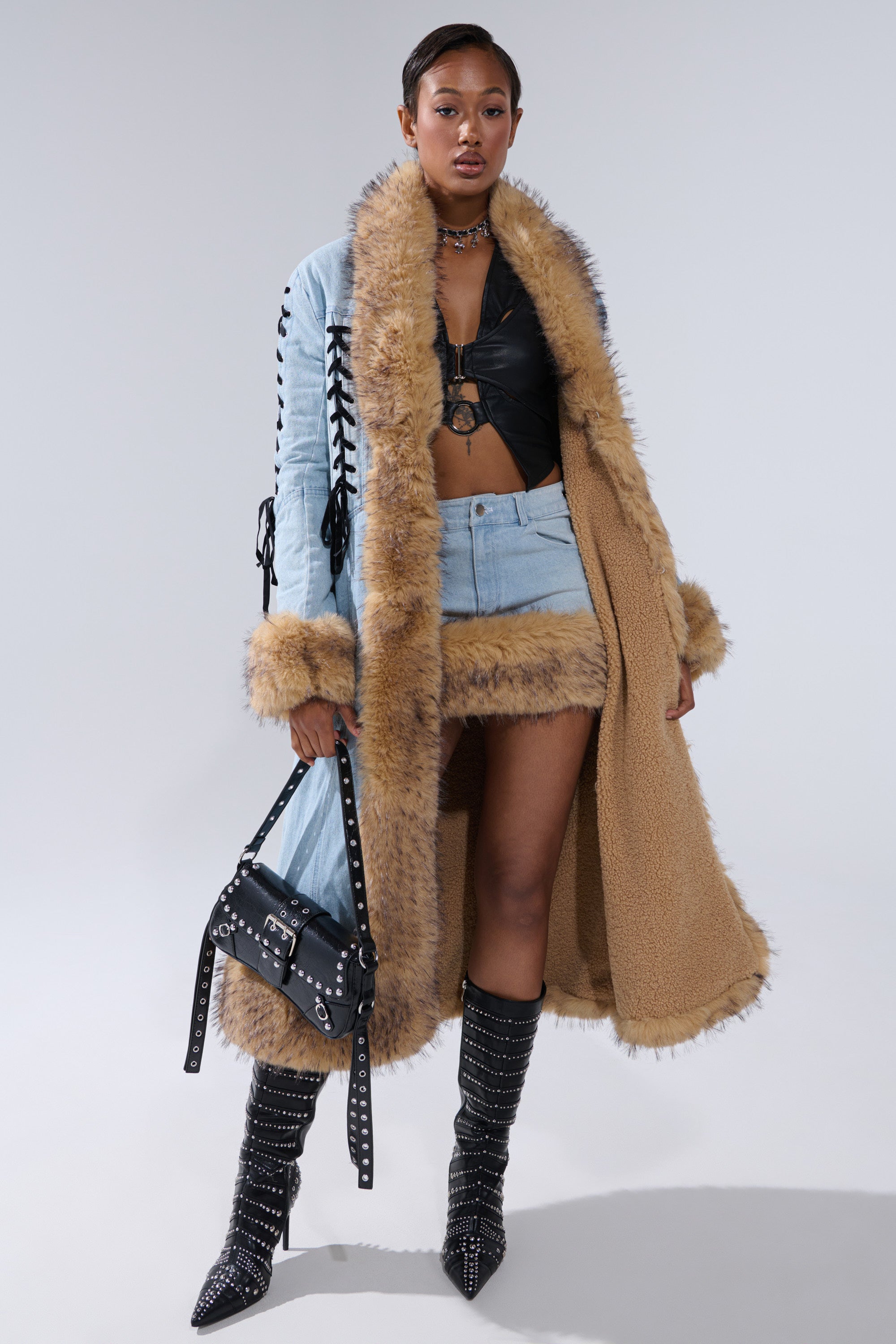 ERYKAH FUR TRIM DENIM MINI SKIRT